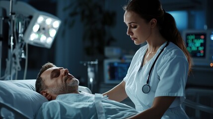 A woman in a white uniform is tending to a man in a hospital bed