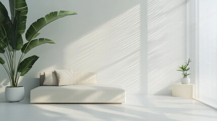 "Modern white minimalist interior featuring a beige sofa, lush tropical plants, and panoramic windows with blinds. The decor is sleek and understated, emphasizing simplicity and natural light. 