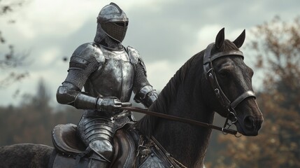 A knight clad in shining armor guides a majestic warhorse through a peaceful forest. The overcast sky adds a dramatic touch, emphasizing the knight's readiness for adventure