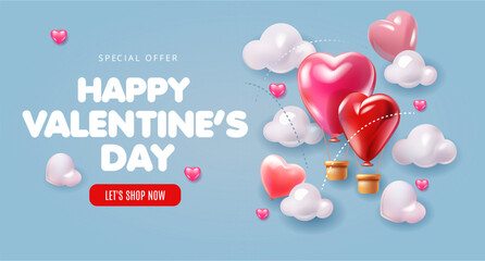 Vector beautiful poster of Hot Air balloons with heart and clouds on blue background. Happy Valentines day sale brochure template, 3d elegant shiny heart shape balloons. Modern poster,sale, promo