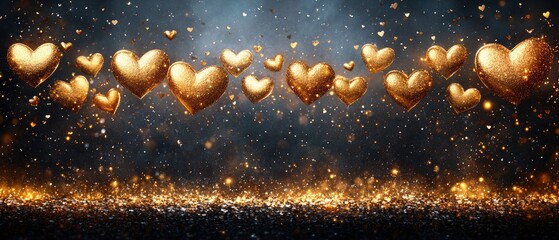 Golden hearts float on a sparkling, dark background, perfect for Valentine's Day projects.
