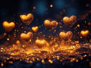 Golden hearts floating over sparkling glitter, dark background, romantic theme.