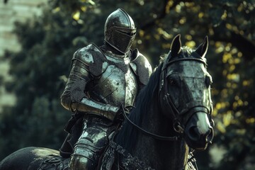Fototapeta premium A formidable knight clad in detailed armor rides a powerful warhorse, surrounded by a tranquil forest. The sunlight filters through the trees, creating a mystical atmosphere