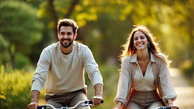 Romantic Couple Enjoys a Sunny Bike Ride Through the Park