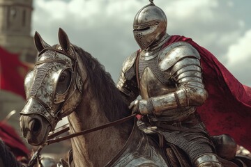 A knight clad in shining armor and a crimson cape sits atop a powerful warhorse. The background hints at a medieval battlefield, with banners fluttering and a stormy sky overhead