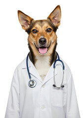 A portrait of a dog wearing a white doctor's coat with a stethoscope around its neck, white background.
