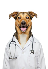 A portrait of a dog wearing a white doctor's coat with a stethoscope around its neck, white background.
