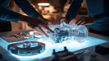 Obraz premium Engineers and Developers Collaborate Around an Illuminated Model