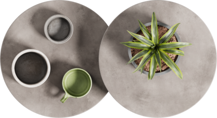 Top view of round concrete coffee table set