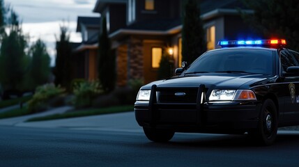A police car is parked on a street at night