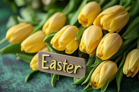 Wooden sign with inscription Easter on yellow tulips. Bouquet of yellow tulips on a blue background