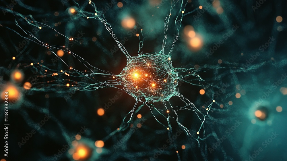 Poster glowing abstract network of nodes in 5d space visualization