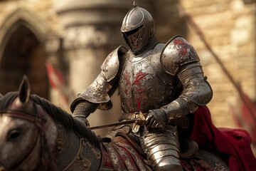 A knight clad in intricate armor sits confidently atop a strong warhorse, prepared for battle. The atmosphere is tense in a historic castle courtyard filled with medieval banners and warriors