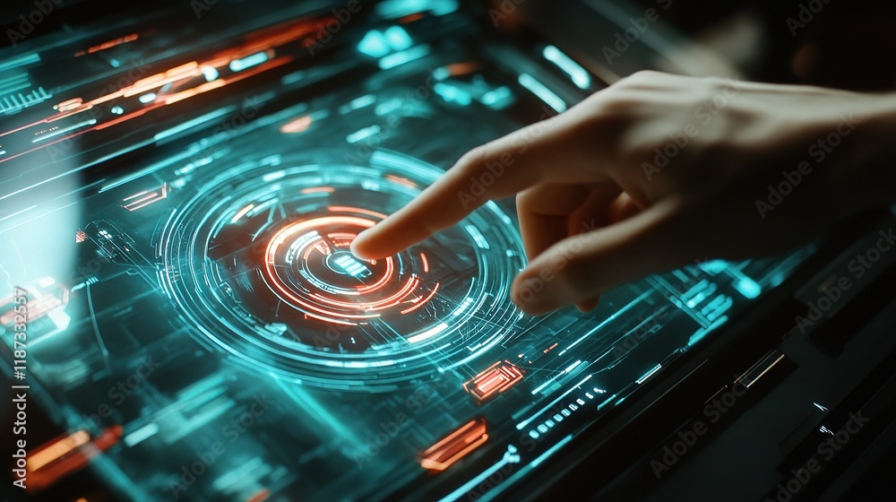 Poster futuristic virtual interface interaction with a hand on a display