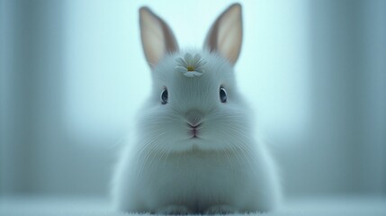 Obraz premium Adorable white bunny rabbit with a flower on its head.