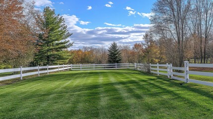 Obraz premium Lush green lawn enclosed by a white fence under a vibrant autumn sky.