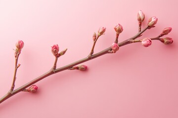 Branch on pink background. Branch with young leaves and buds. Nature