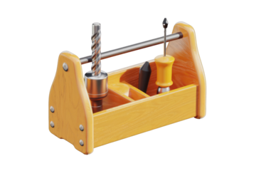 A yellow wooden toolbox containing a drill bit and a chisel, isolated on a transparent background. background removed