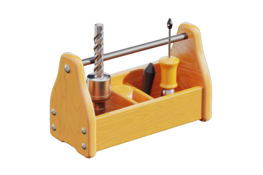 A yellow wooden toolbox containing a drill bit and a chisel, isolated on a transparent background. background removed - Powered by Adobe