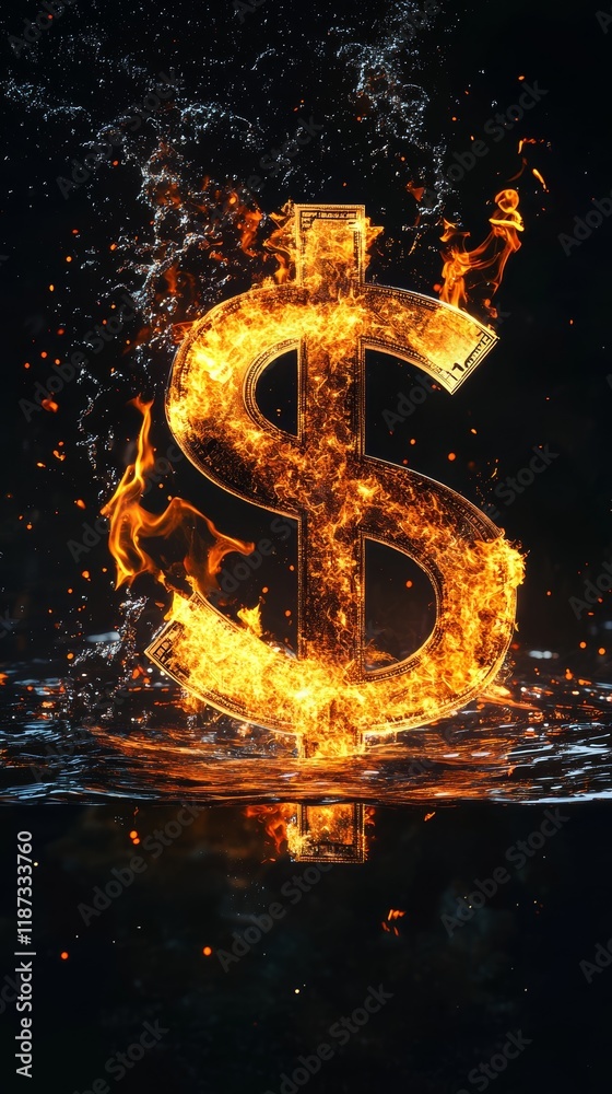 Poster dollar sign made of burning us dollar bills partially submerged in dark water with reflection and sp