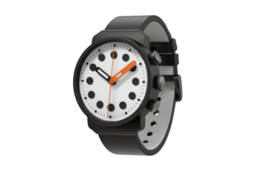 A stylish black smartwatch with a minimalist white face, featuring orange accents and a perforated band. background removed