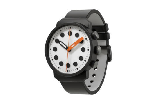 A stylish black smartwatch with a minimalist white face, featuring orange accents and a perforated band. background removed