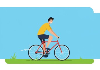 Fototapeta premium Young man joyfully riding red bicycle on a sunny day