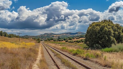 Obraz premium A railway track winds through a picturesque landscape featuring rolling hills, tall grass, and vibrant clouds. The scene captures the serene beauty of nature and the tranquility of rural life