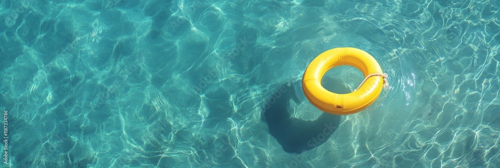 Poster bright yellow inflatable ring floating on a turquoise swimming pool water, creating a vivid contrast