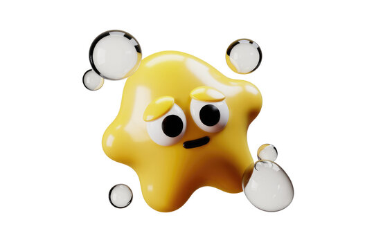 A 3D rendered yellow star-shaped character with a sad expression, surrounded by transparent bubbles. background removed