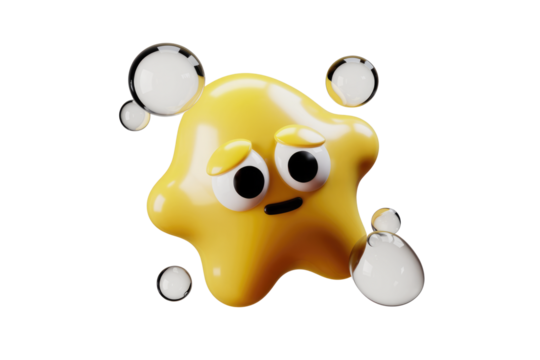 A 3D rendered yellow star-shaped character with a sad expression, surrounded by transparent bubbles. background removed