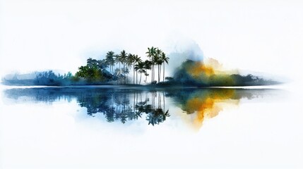 A painting of a tropical island with palm trees and a body of water