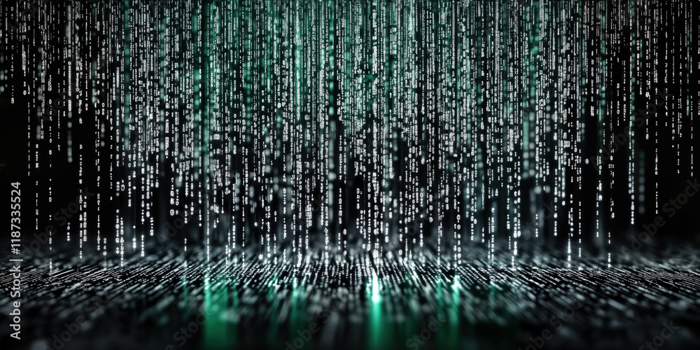 Poster falling matrix code digital rain background on computer screen display