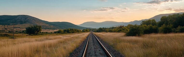 Obraz premium Railway tracks lead into the horizon, surrounded by lush fields and mountains. The sky is painted with warm sunset hues, creating a peaceful atmosphere. Nature thrives along the rails
