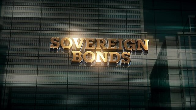 Business Finance Economic Skyscraper Glass Reflections and Golden Text Reads Sovereign Bonds