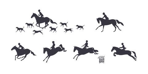 Silhouettes of horse riders, jumping horses, and hunting dogs in dynamic poses