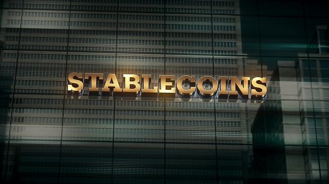 Business Finance Economic Skyscraper Glass Reflections and Golden Text Reads Stablecoins