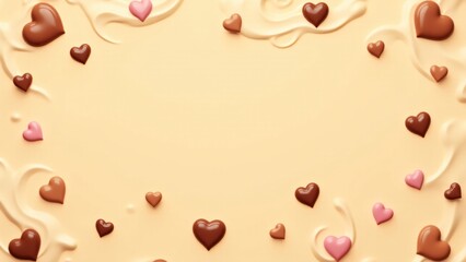 Fototapeta premium Glossy chocolate drops and heart shapes on a cream-colored background. This indulgent and sweet pattern is perfect for Valentine’s Day desserts and packaging.