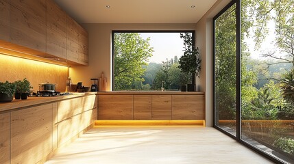 Fototapeta premium Modern kitchen with large window and greenery view.