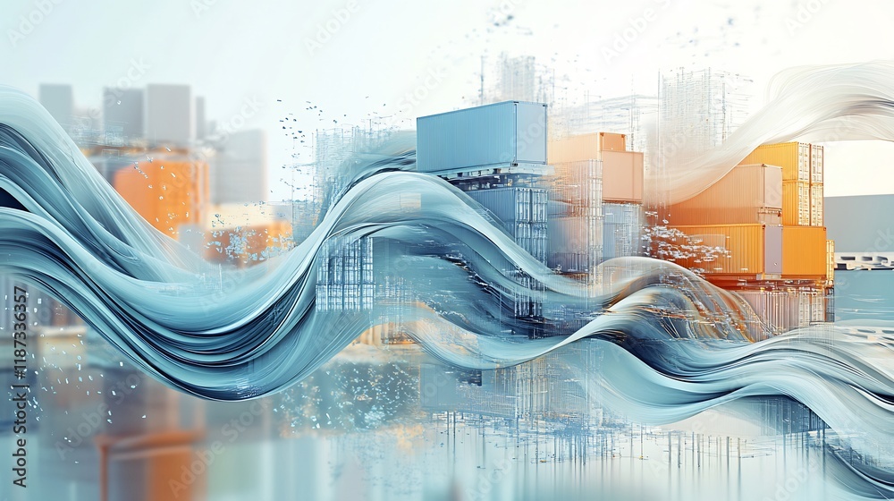 Poster Conceptual visualization of supply chain dynamics flowing abstract forms representing inventory movement logistics