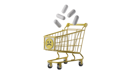 A gold shopping cart with a sad face emoticon and pills falling into it, symbolizing the high cost of healthcare. background removed