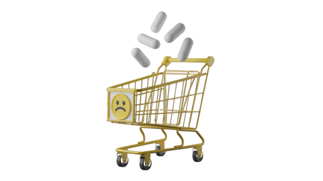 A gold shopping cart with a sad face emoticon and pills falling into it, symbolizing the high cost of healthcare. background removed