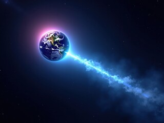 Fototapeta premium Concept of technological singularity depicted as Earth surrounded by vibrant energy and beams, illustrating a transformative moment in human advancement