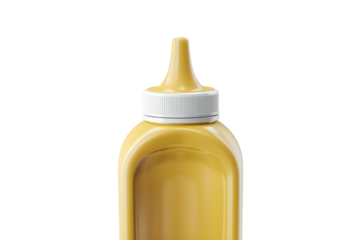 A yellow mustard bottle with a white cap, ready to be squeezed. background removed