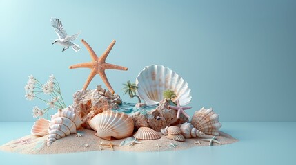 Obraz premium Seashells and Starfish on a Sandy Beach