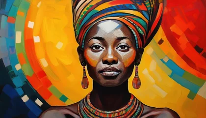Fotobehang Vibrant and Textured Portrait of an African Tribal Woman Amidst Colorful Abstraction, Showcasing African Cultures Rich Heritage and Artistic Expression. © netsay