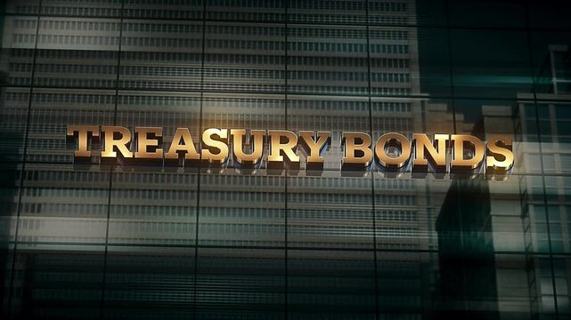 Business Finance Economic Skyscraper Glass Reflections and Golden Text Reads Treasury Bonds