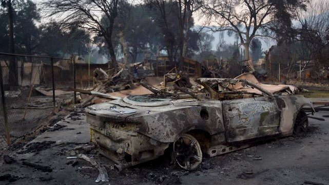 The Devastation After a Wildfire A Charred Landscape Alongside an Abandoned Vehicle