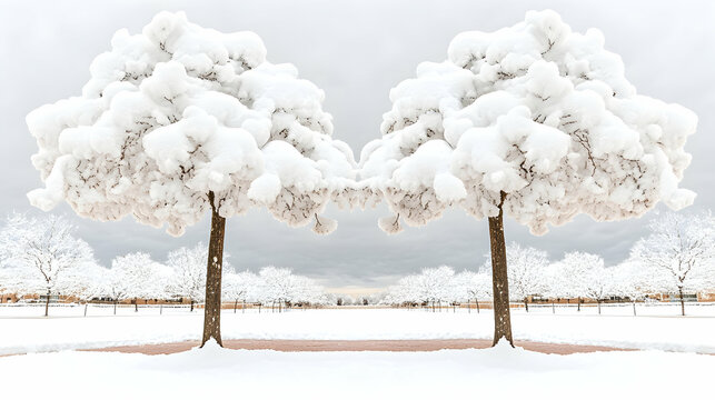Two snow-covered trees mirroring in a winter landscape.