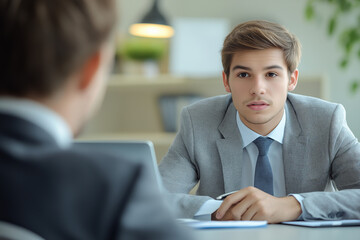 A close-up shot of a young man in a gray suit during an interview. He looks attentive and professional, facing an out-of-focus interviewer